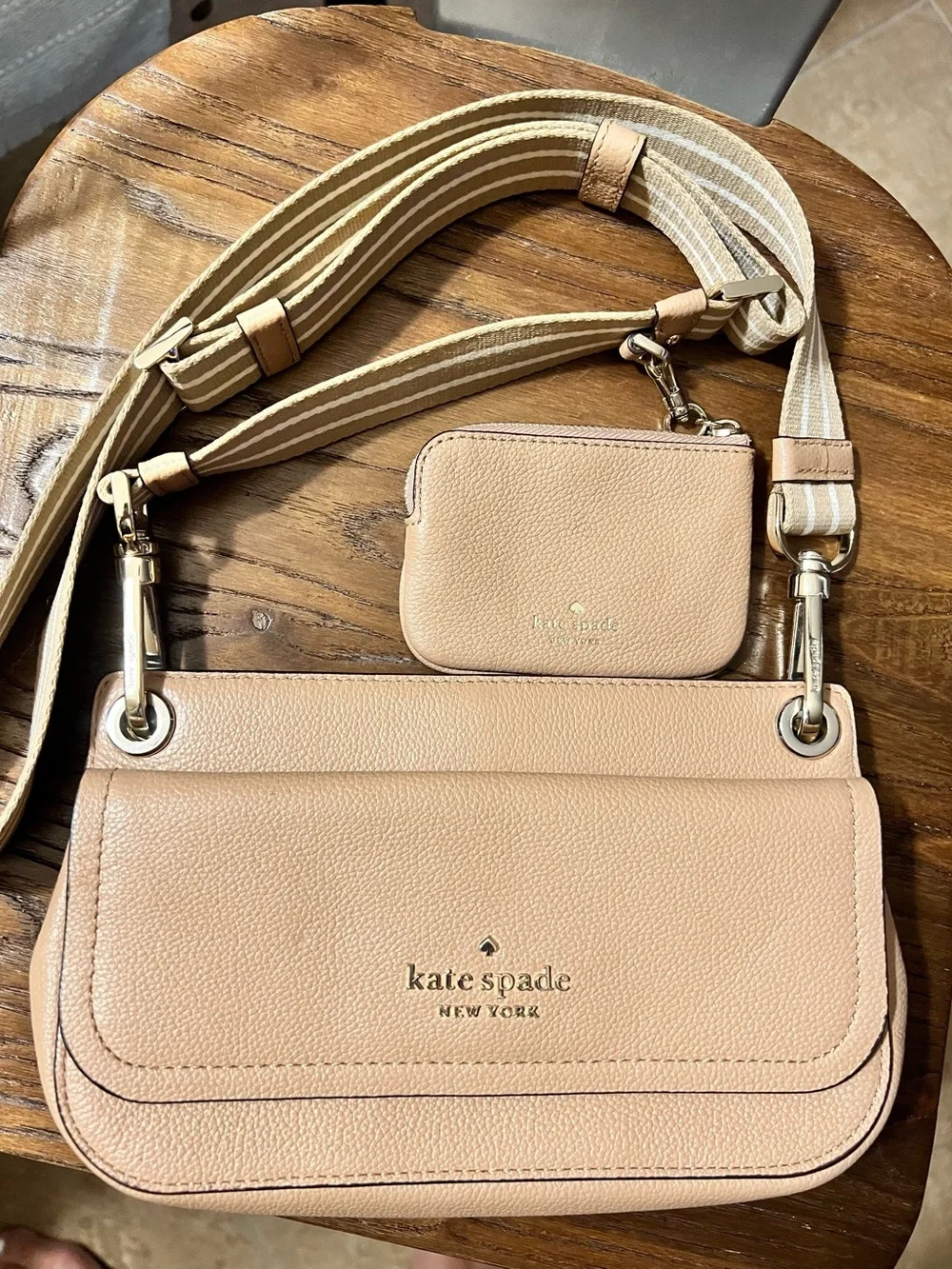 kate spade Pebbled Leather Crossbody Bag in Light Beige with Striped Strap